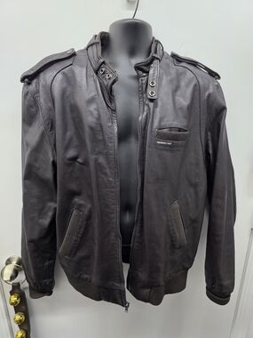 Members Only Dark Brown Leather Bomber Jacket with Epaulets